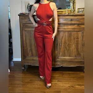 bebe Chic Burgundy Jumpsuit 4 Small with tie belt RED